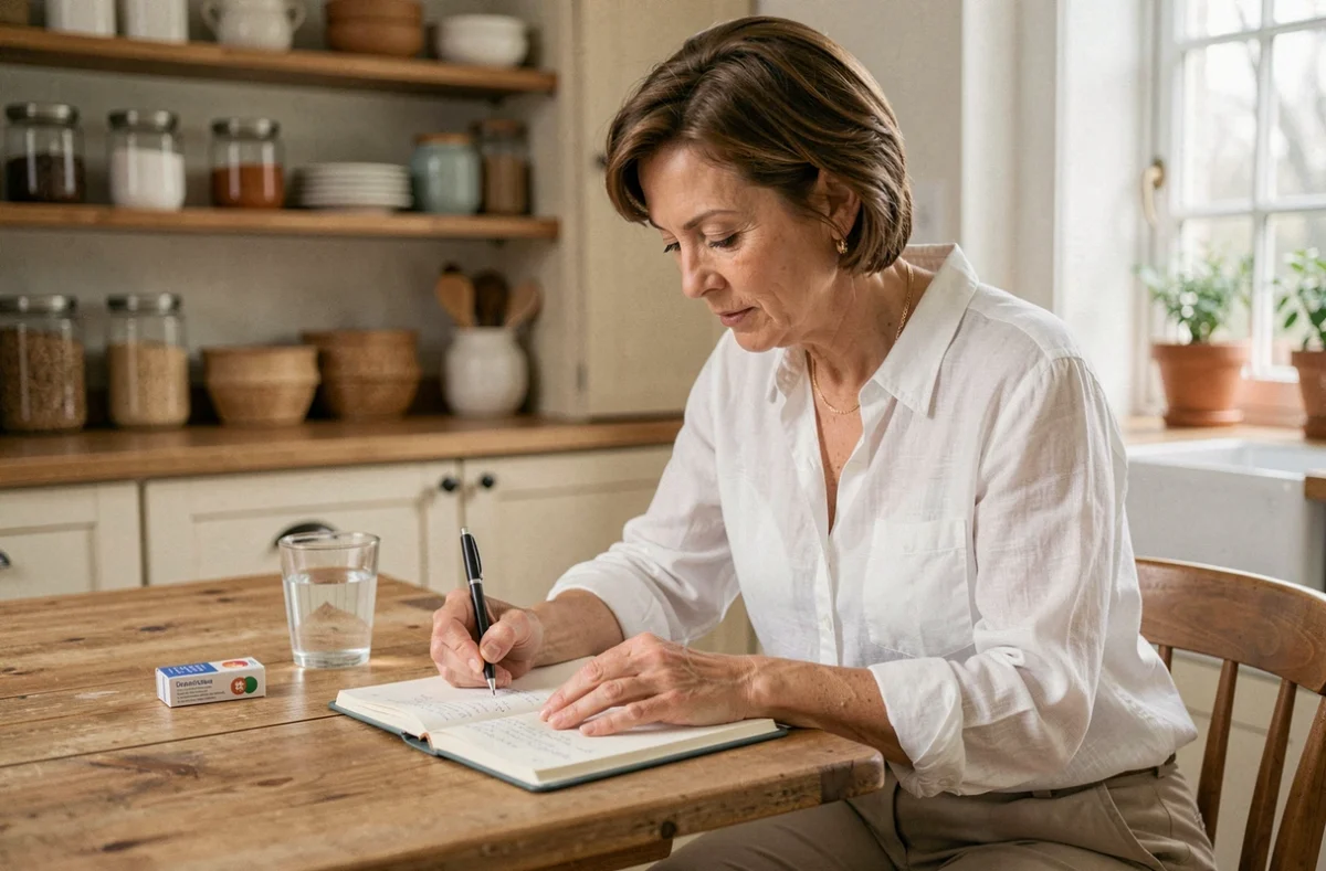 Femme d'une cinquantaine d'années notant le suivi de son poids et de ses symptômes dans un journal de santé à la cuisine