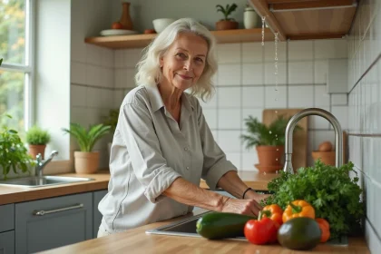 Femme lavant des légumes frais dans la cuisine lumineuse