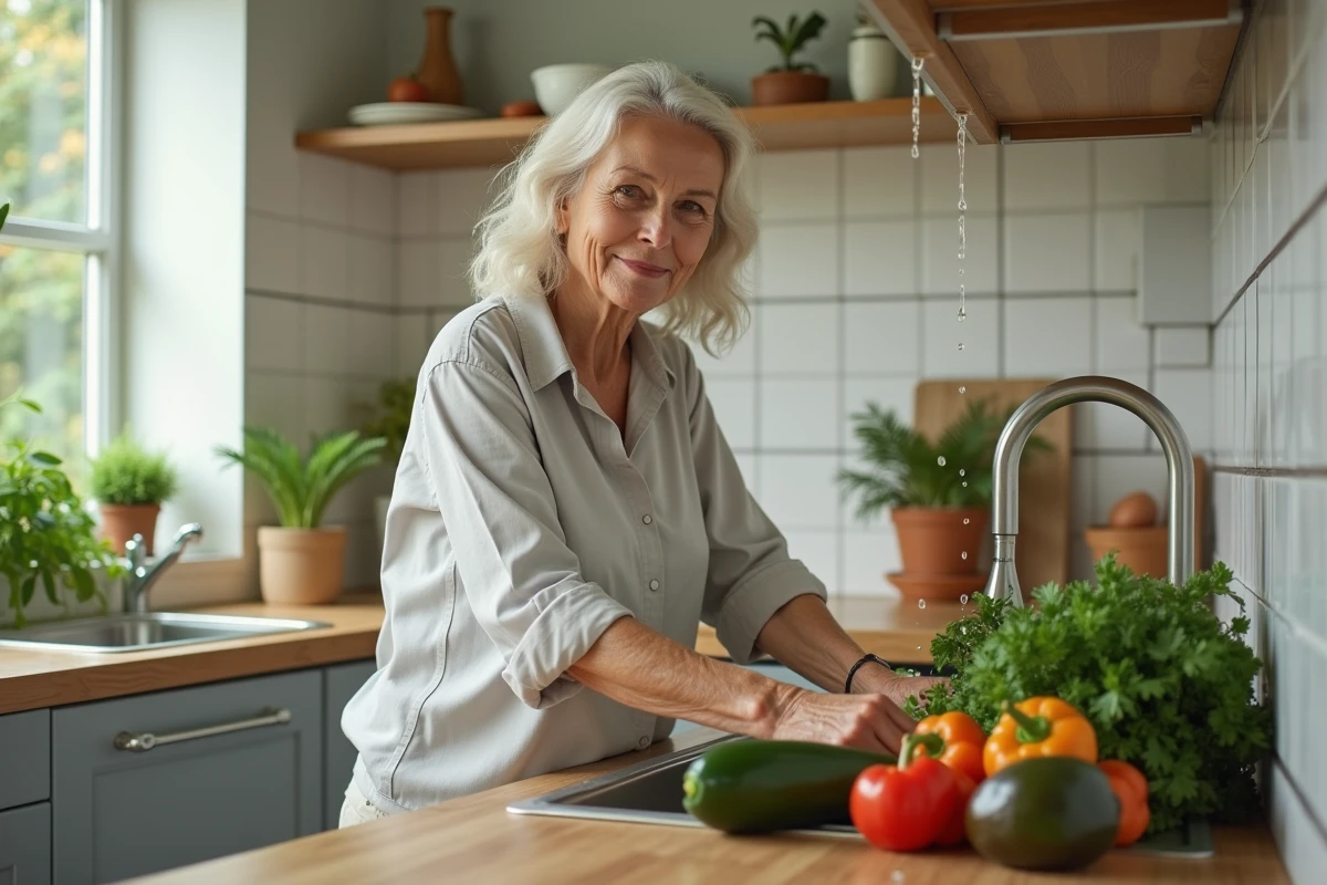 Femme lavant des légumes frais dans la cuisine lumineuse