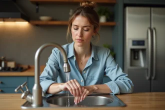 Femme lavant ses mains à la cuisine avec évier en métal