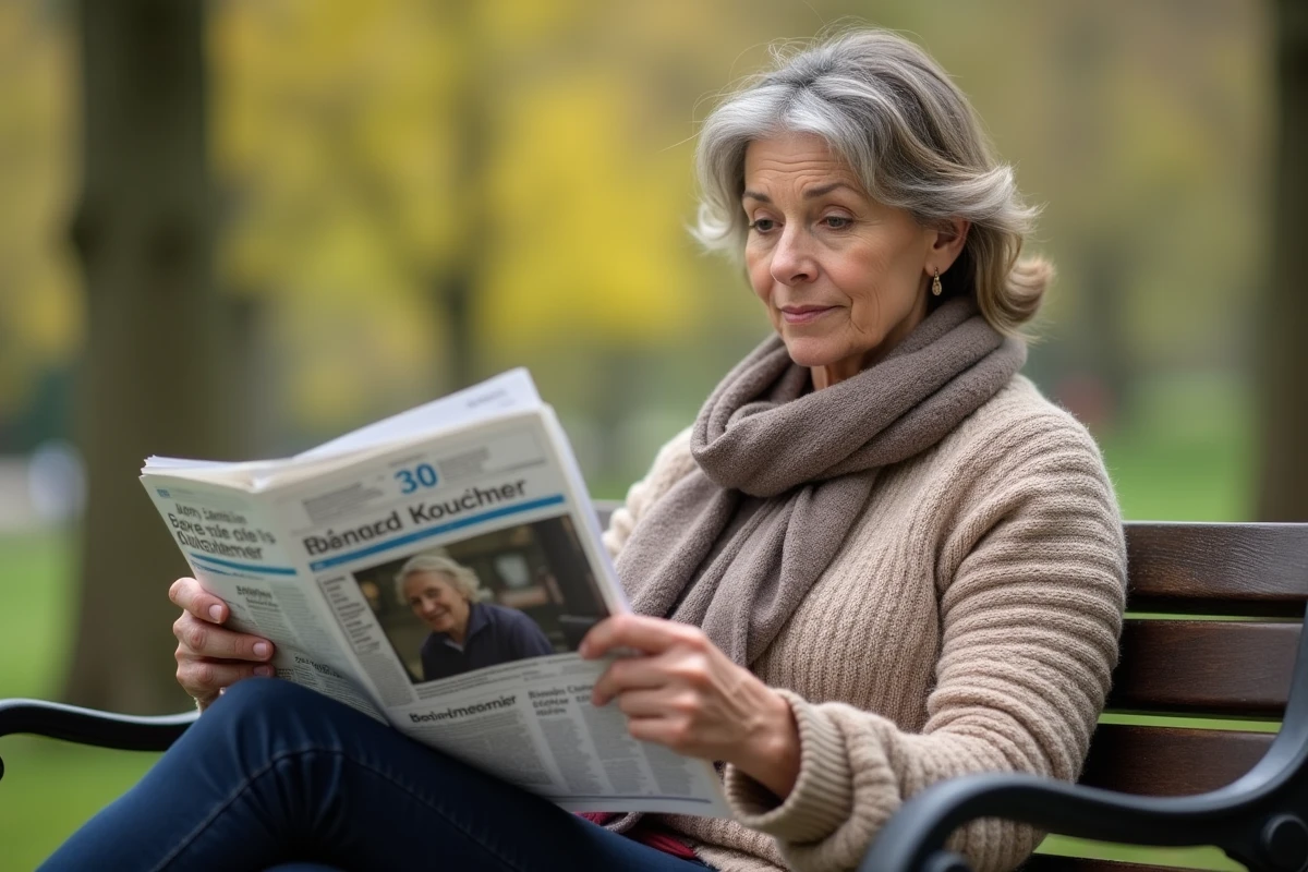 Femme lisant un journal dans un parc au printemps