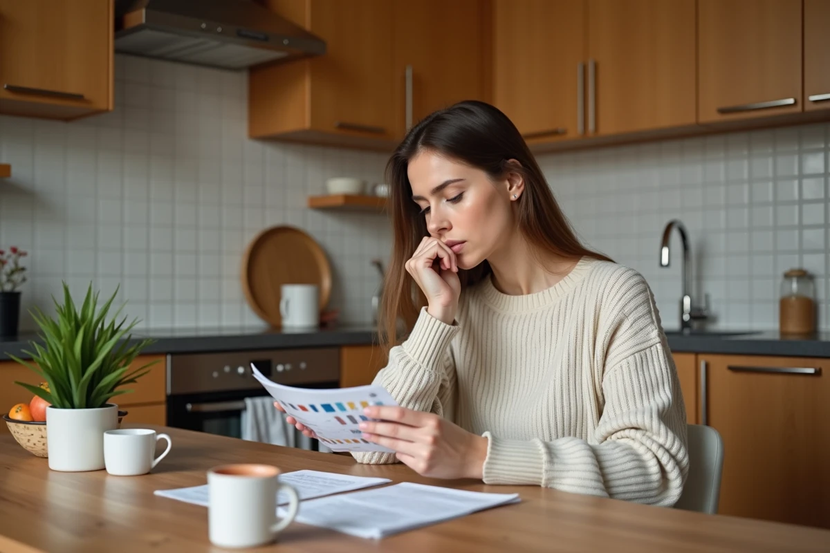 Jeune femme lisant des instructions de m&eacute;dicaments &agrave; la maison
