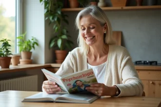 Femme détendue lisant Psychologie Positive à la maison