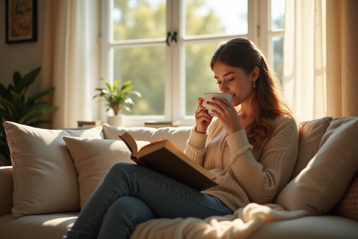 Jeune femme lisant un livre en buvant du thé dans un salon lumineux