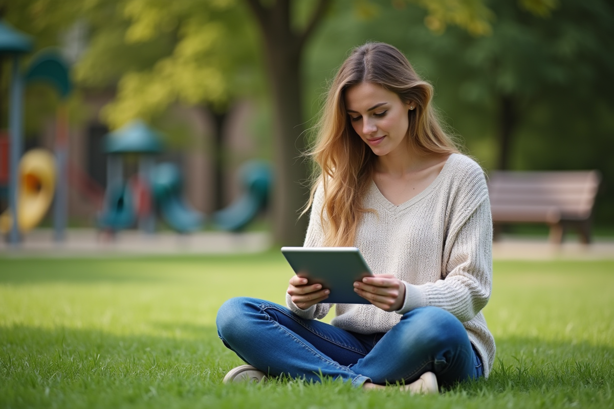 Femme lisant sur une tablette dans un parc verdoyant