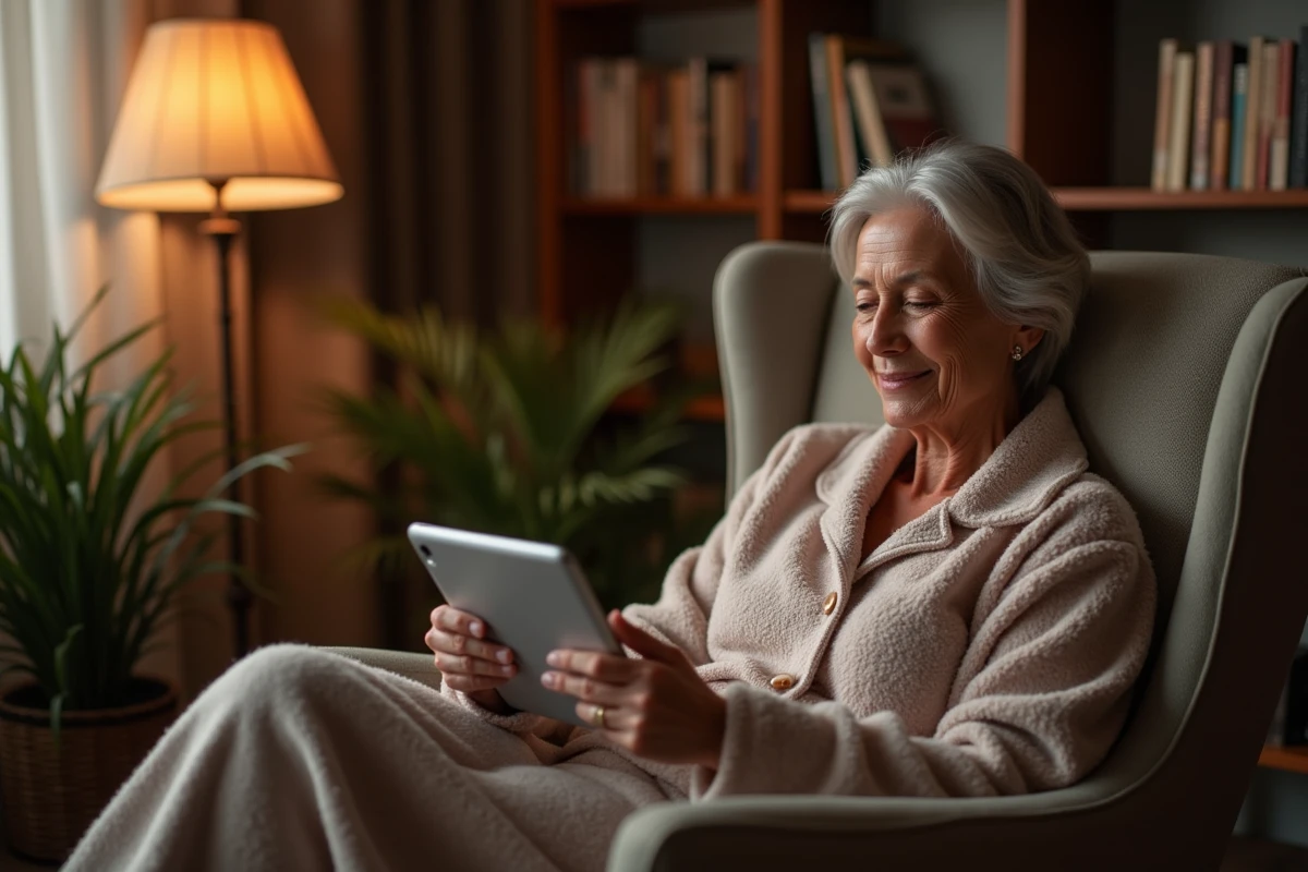 Femme lisant un blog sur tablette dans un salon chaleureux