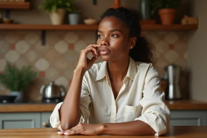 Femme se grattant la main droite à table dans une cuisine chaleureuse, signe de superstition populaire en 2026