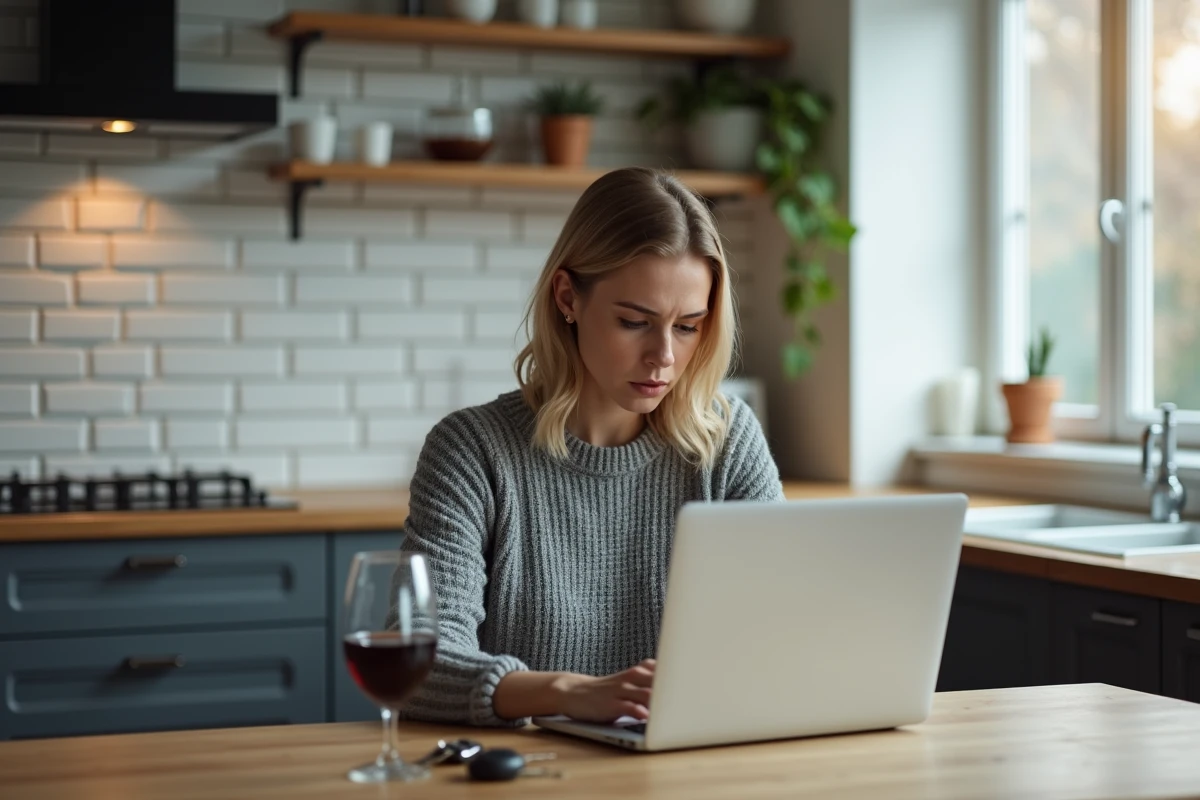 Femme à la maison utilisant un simulateur alcool gratuit en ligne sur ordinateur portable avec un verre de vin et des clés de voiture sur la table