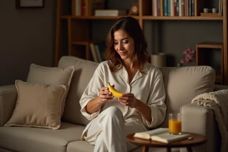 Femme en pyjama mangeant une banane le soir sur son canapé dans un salon cosy