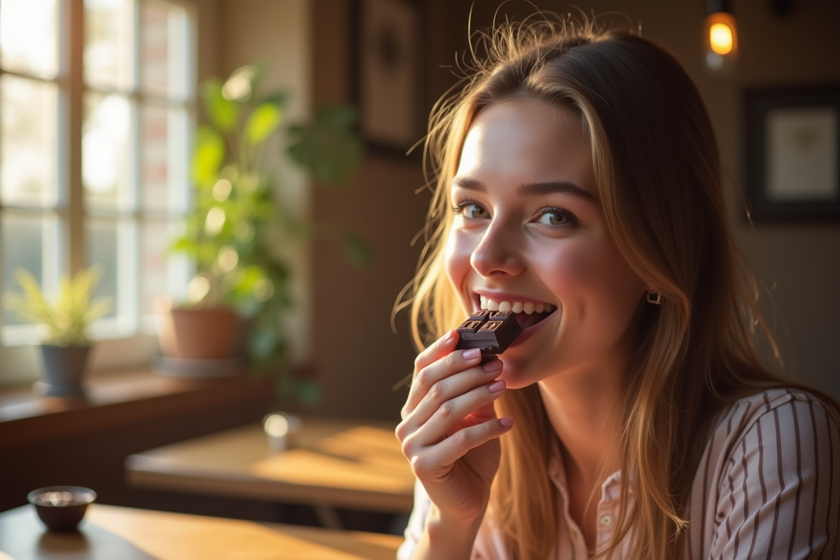 Jeune femme souriante dégustant un chocolat noir à la lumière naturelle