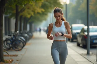 Femme qui marche en ville en consultant son compteur de pas sur une montre connectée