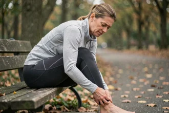 Femme assise sur un banc de parc massant son talon douloureux après une course à pied