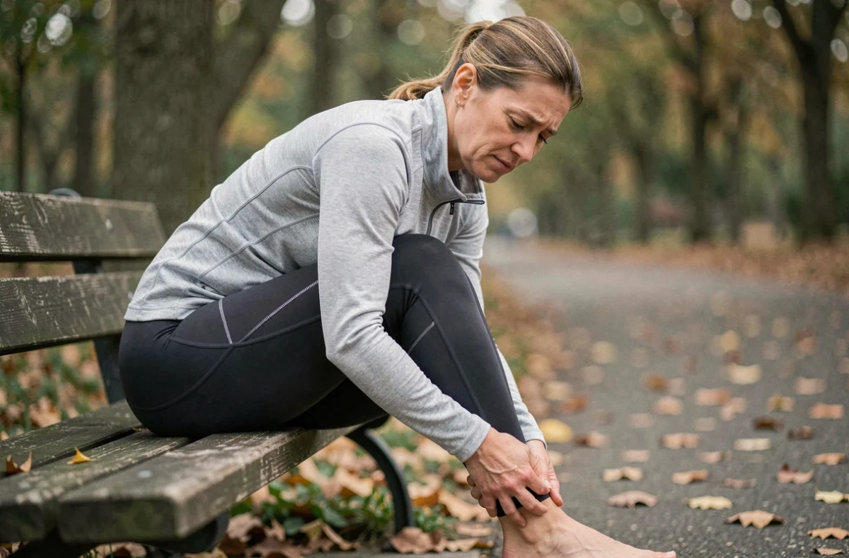 Femme assise sur un banc de parc massant son talon douloureux après une course à pied