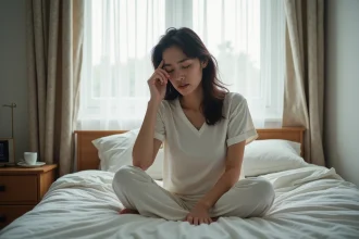 Femme assise sur le lit avec malaise au matin
