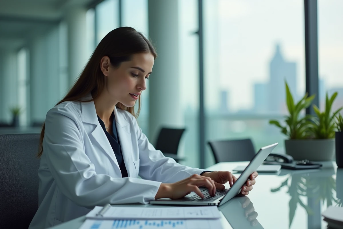 Jeune femme médecin en costume et blouse dans un lounge hospitalier
