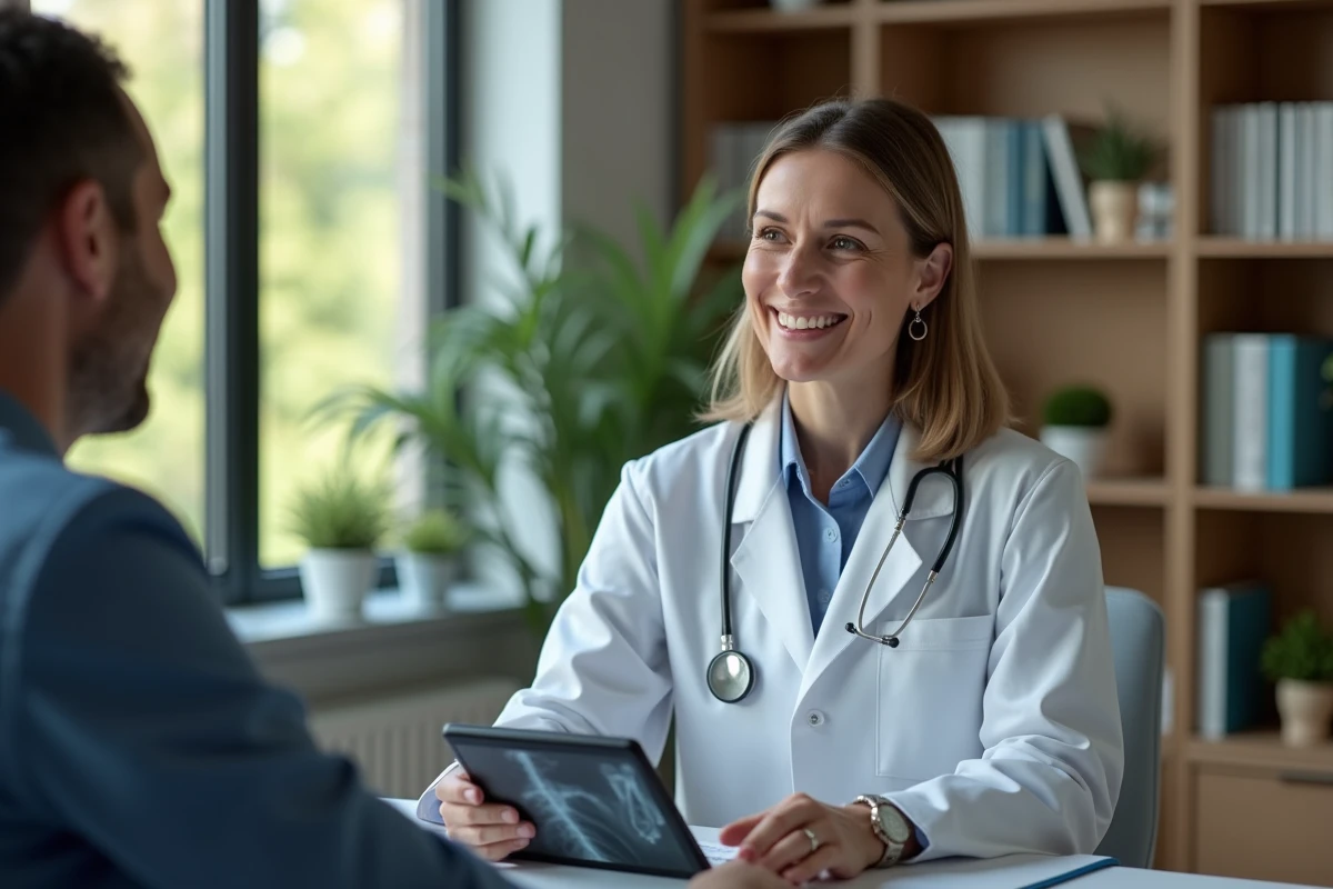 Medecin femme parlant avec un patient et montrant des radiographies
