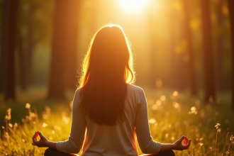 Jeune femme méditant dans une forêt ensoleillée avec une lumière dorée