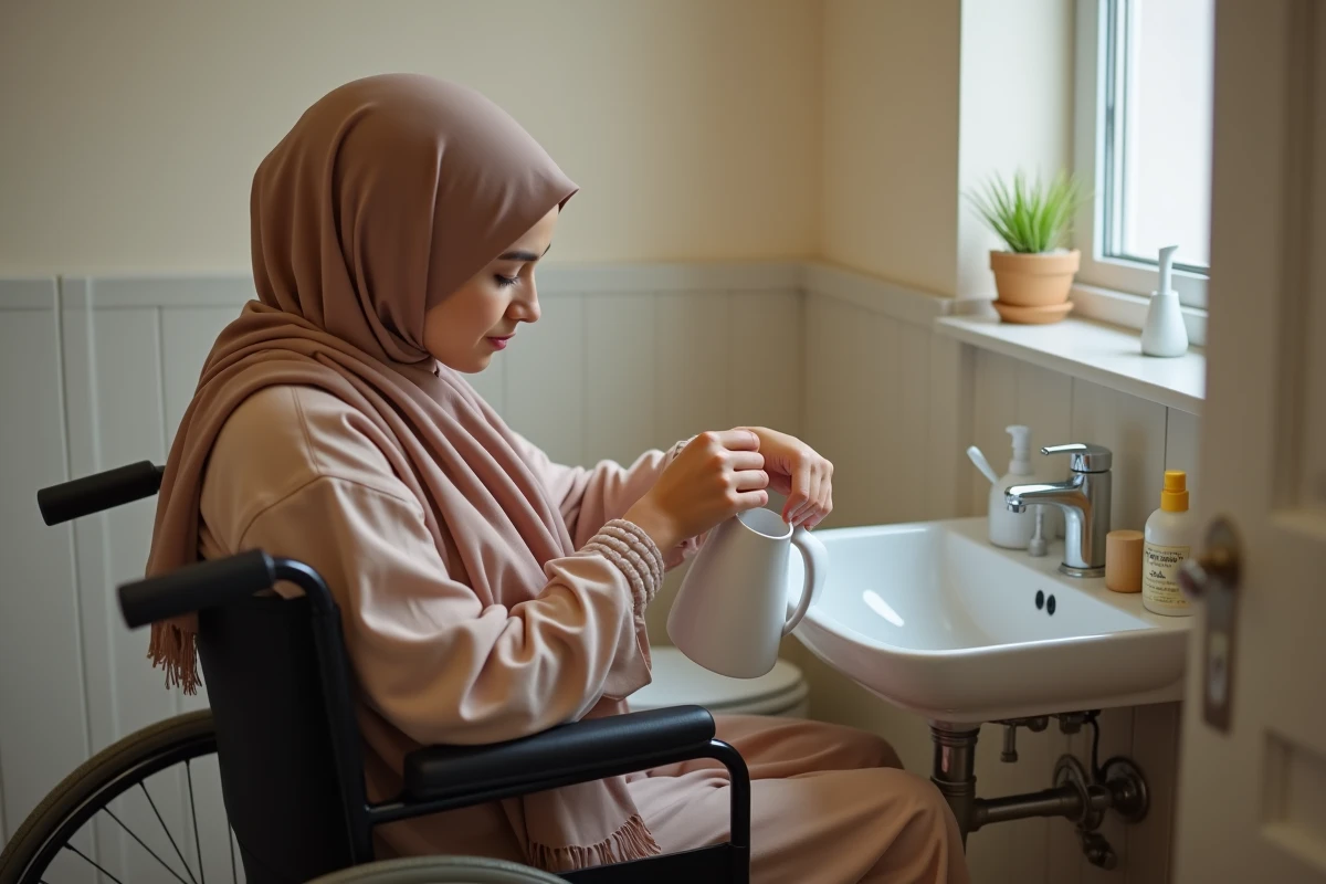 Jeune femme musulmane faisant ablution dans la salle de bain