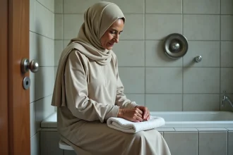 Femme musulmane en modestes vêtements près de la baignoire