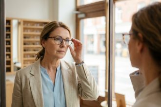 Femme d'âge moyen ajustant ses lunettes dans une boutique optique