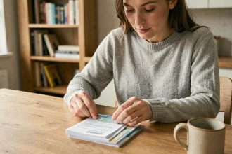Femme organisant ses documents administratifs pour une demande de carte Vitale sur une table en bois