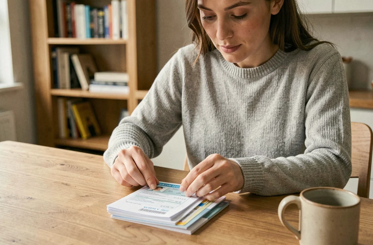Femme organisant ses documents administratifs pour une demande de carte Vitale sur une table en bois