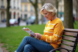 Femme française lisant un dépliant nutrition dans un parc