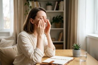 Femme pratiquant une pause visuelle en posant les mains sur ses yeux fermés à son bureau, intégrant le soin des yeux dans sa routine bien-être quotidienne