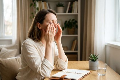 Femme pratiquant une pause visuelle en posant les mains sur ses yeux fermés à son bureau, intégrant le soin des yeux dans sa routine bien-être quotidienne