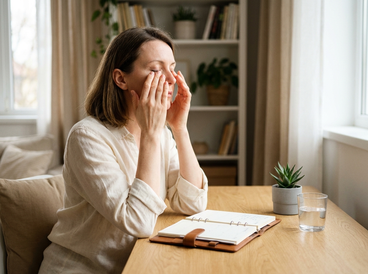 Femme pratiquant une pause visuelle en posant les mains sur ses yeux fermés à son bureau, intégrant le soin des yeux dans sa routine bien-être quotidienne