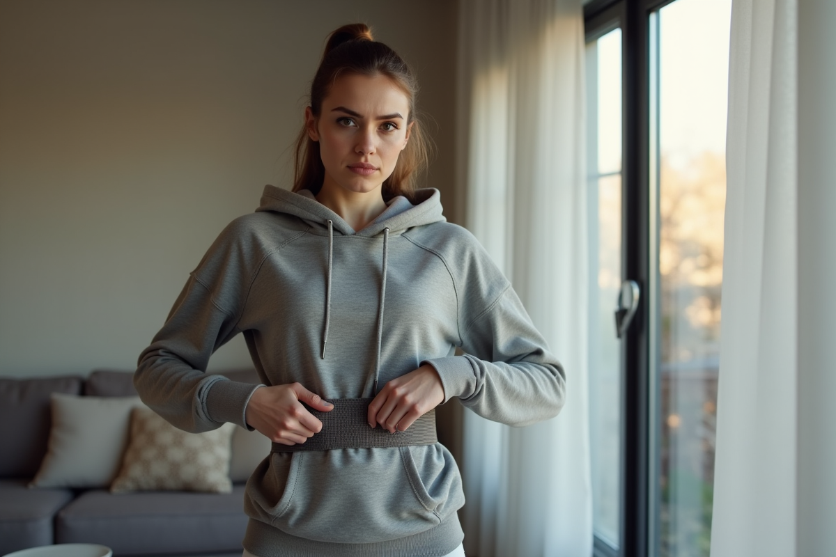 Jeune femme en tenue de sport portant une ceinture lombaire à la maison
