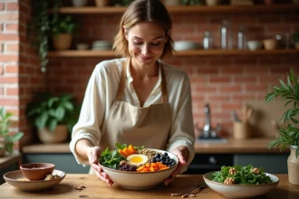 Femme préparant un bol anti-inflammatoire coloré avec légumes rôtis au curcuma, myrtilles et noix dans une cuisine rustique en bois