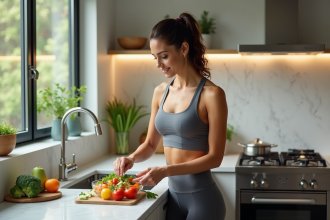 Femme en cuisine préparant une salade de légumes frais