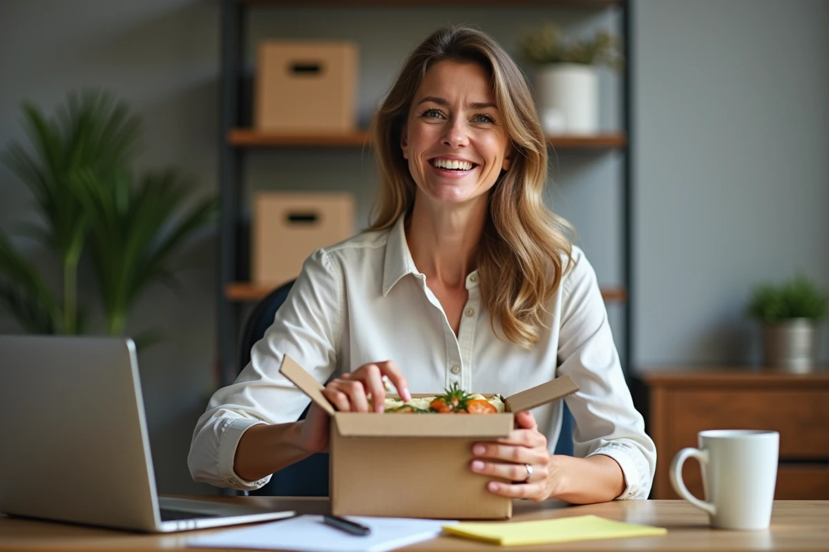 Femme pressée ouvrant une boîte de repas minceur RegimeBox à son bureau à domicile avec un sourire satisfait