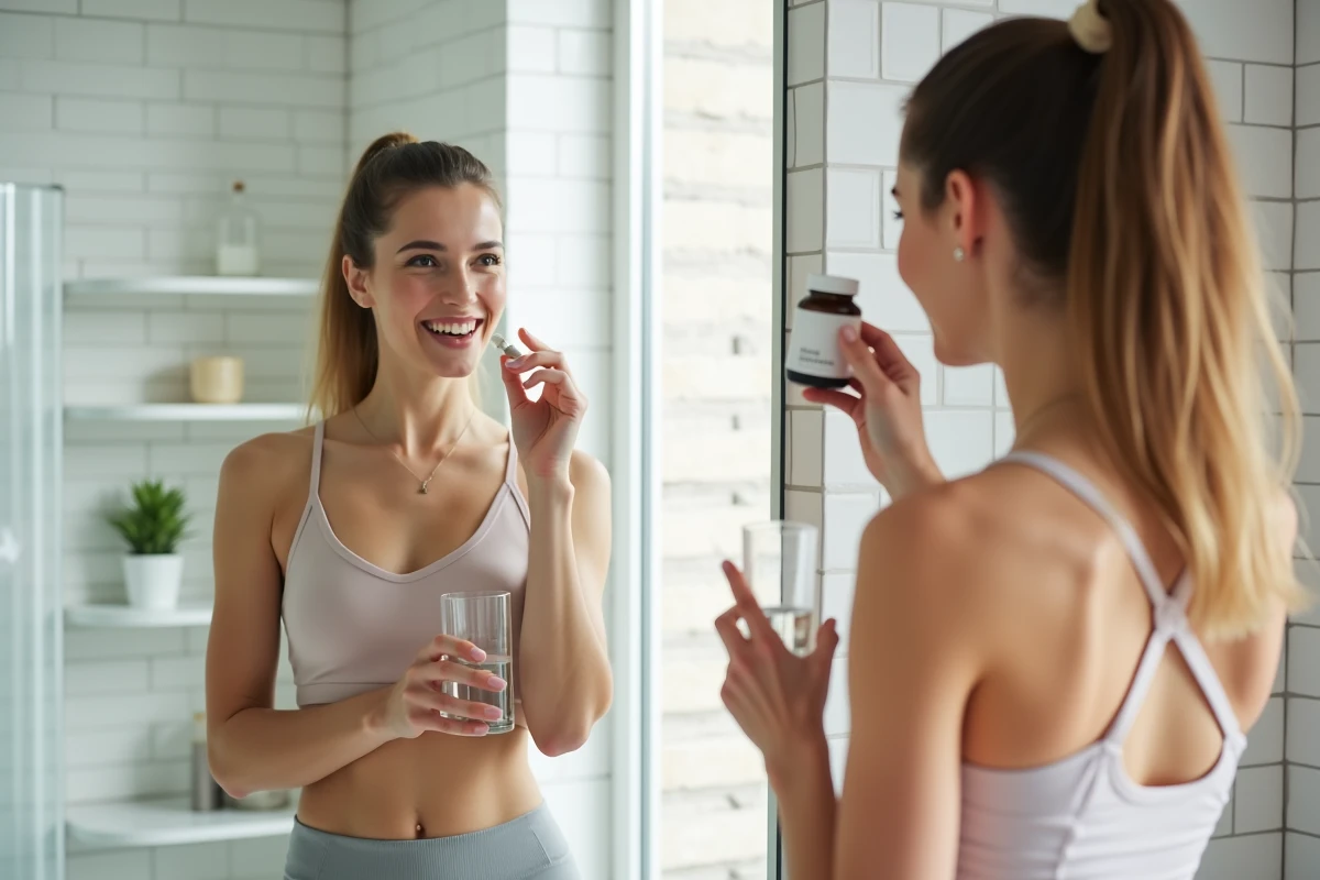Jeune femme prenant une capsule du complément minceur Get Slimms M6 devant son miroir de salle de bain dans le cadre d'une routine quotidienne