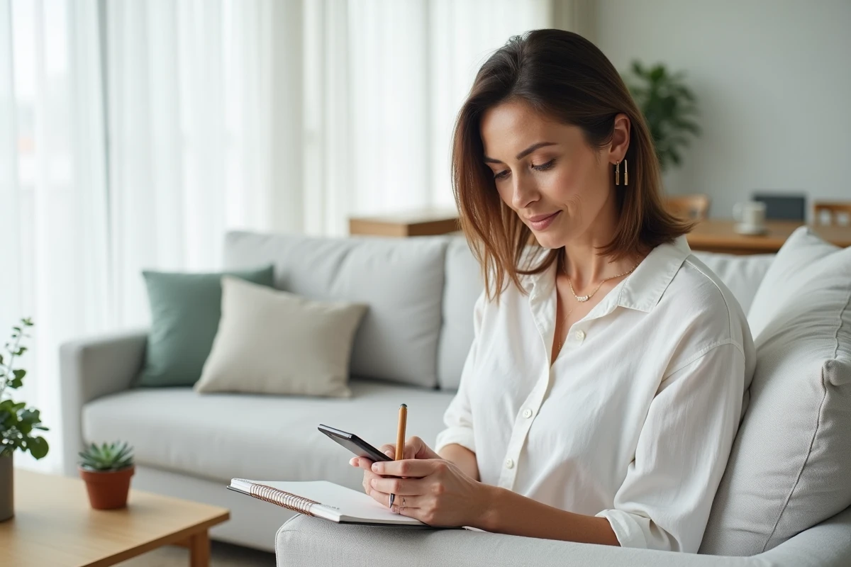 Femme d'âge moyen prenant des notes sur un carnet en consultant un blog santé sur smartphone dans un salon moderne et lumineux