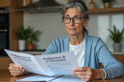 Femme d'&acirc;ge moyen examine brochures sur maladies autoimmunes