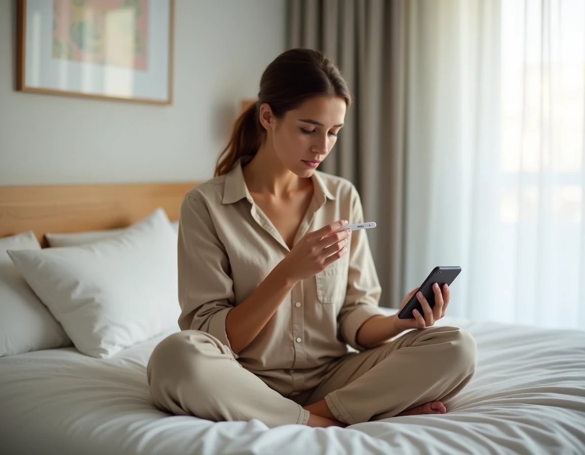 Femme assise sur un lit blanc tenant un test de grossesse et un smartphone, cherchant des informations sur la ligne d'évaporation