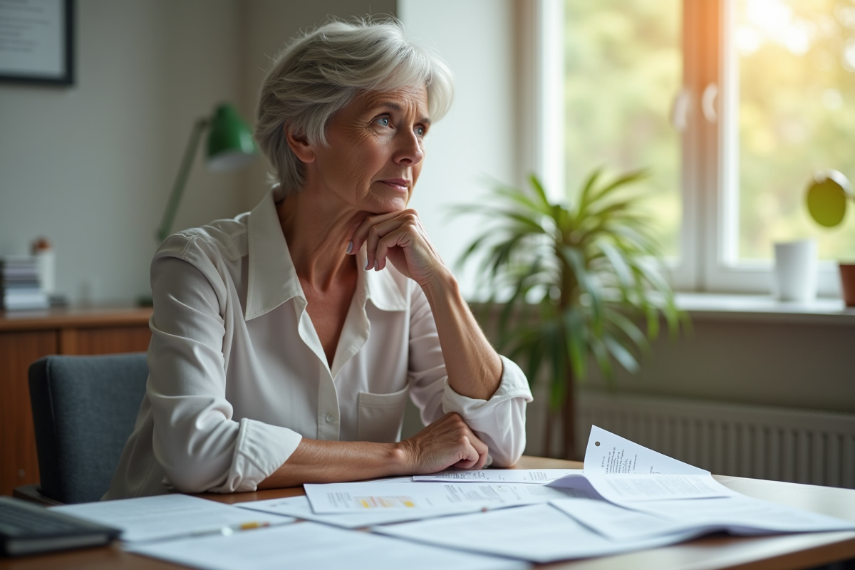 Femme réfléchie assise à une table avec documents lumineux