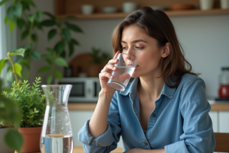 Femme assise à la maison buvant de l'eau dans un cadre naturel