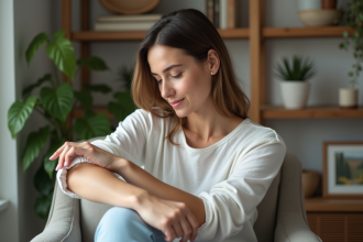 Femme en réflexion examinant son bras dans un intérieur cosy