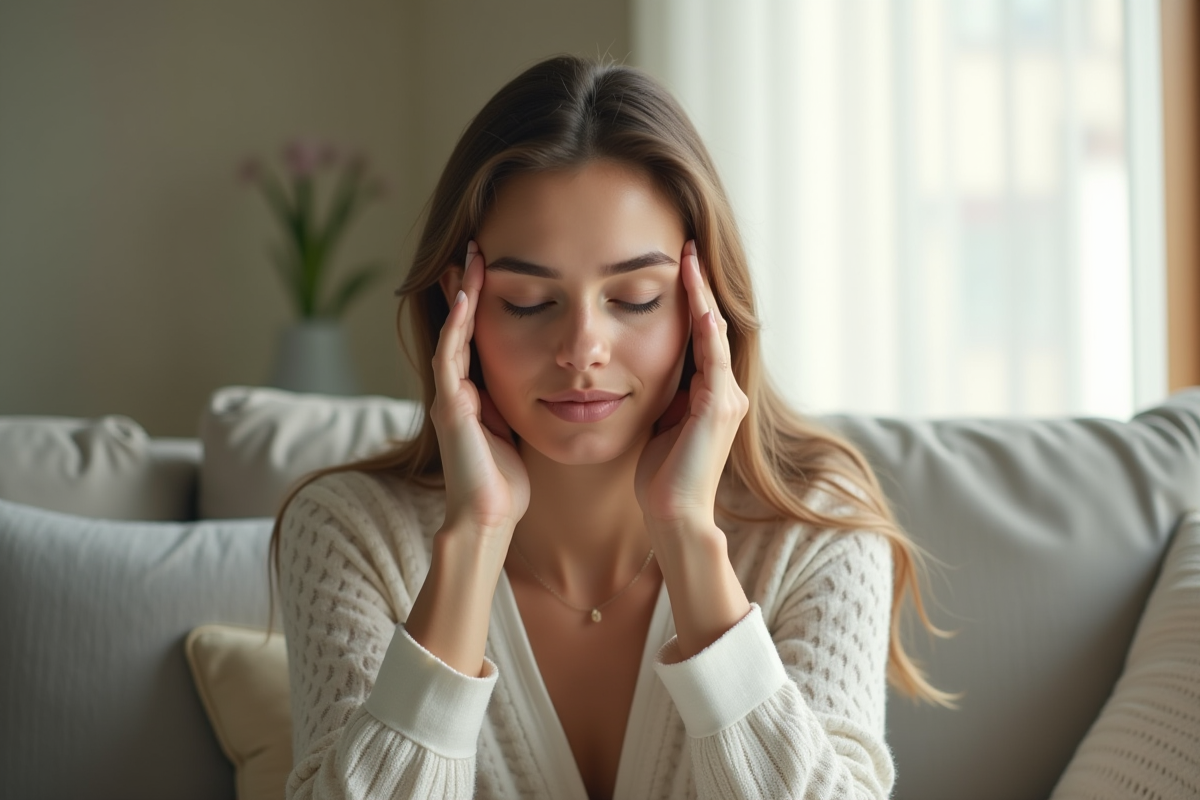 Jeune femme détendue se massant les tempes dans un salon lumineux