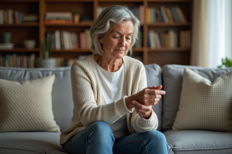Femme assise sur un canapé en train de se masser le poignet