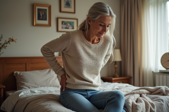 Femme d'âge moyen assise sur le lit avec expression réfléchie