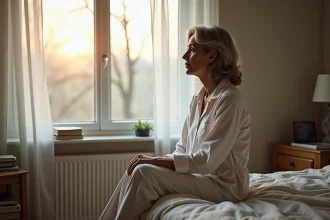 Femme dans sa quarantaine regardant par la fenêtre au matin