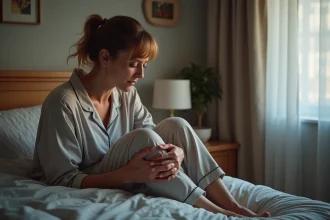 Femme d'âge moyen en pyjama tenant son genou