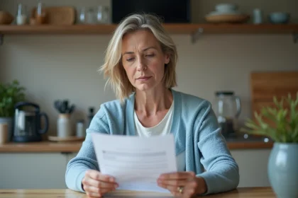 Femme r&eacute;fl&eacute;chissant &agrave; ses r&eacute;sultats m&eacute;dicaux &agrave; la maison