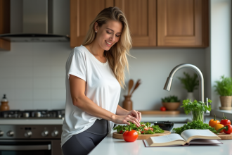 Femme préparant une salade keto dans une cuisine moderne