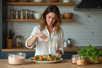 Femme en lin saupoudrant sel rose sur salade fraîche