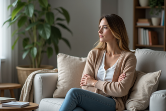 Femme en cardigan assise dans un salon cosy